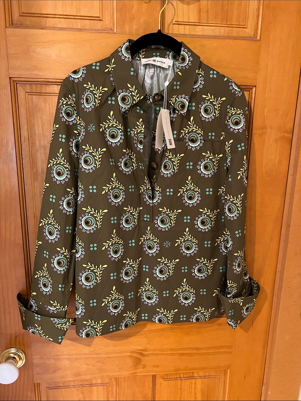 Tory Burch Olive Green Floral Motif Cotton Poplin Shirt